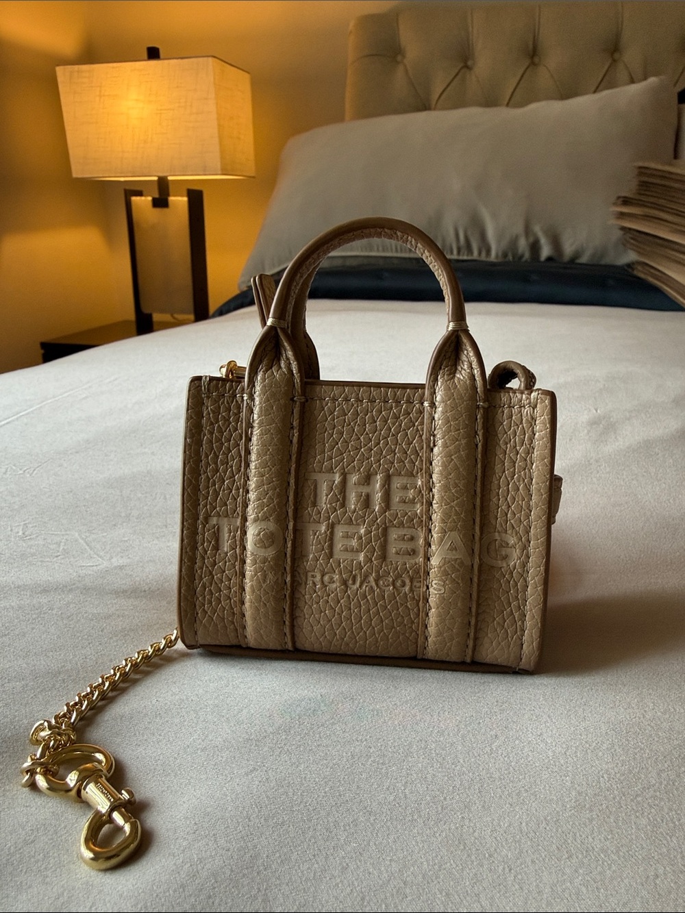 Marc Jacobs Pebbled Taupe Mini Tote with Gold Chain